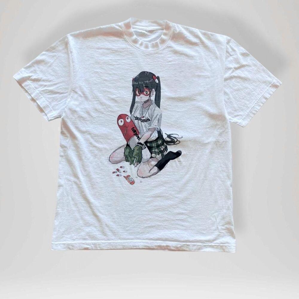Style Anime Girl Skateboard Graphic Tee White T Shirt  Manga